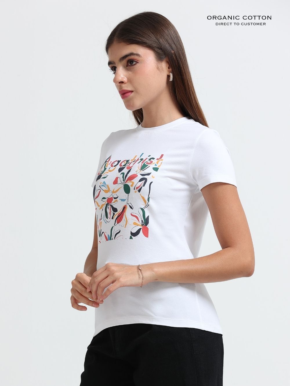 Womens Organic Cotton Abstract Blossom Graphic Printed T-Shirt - White