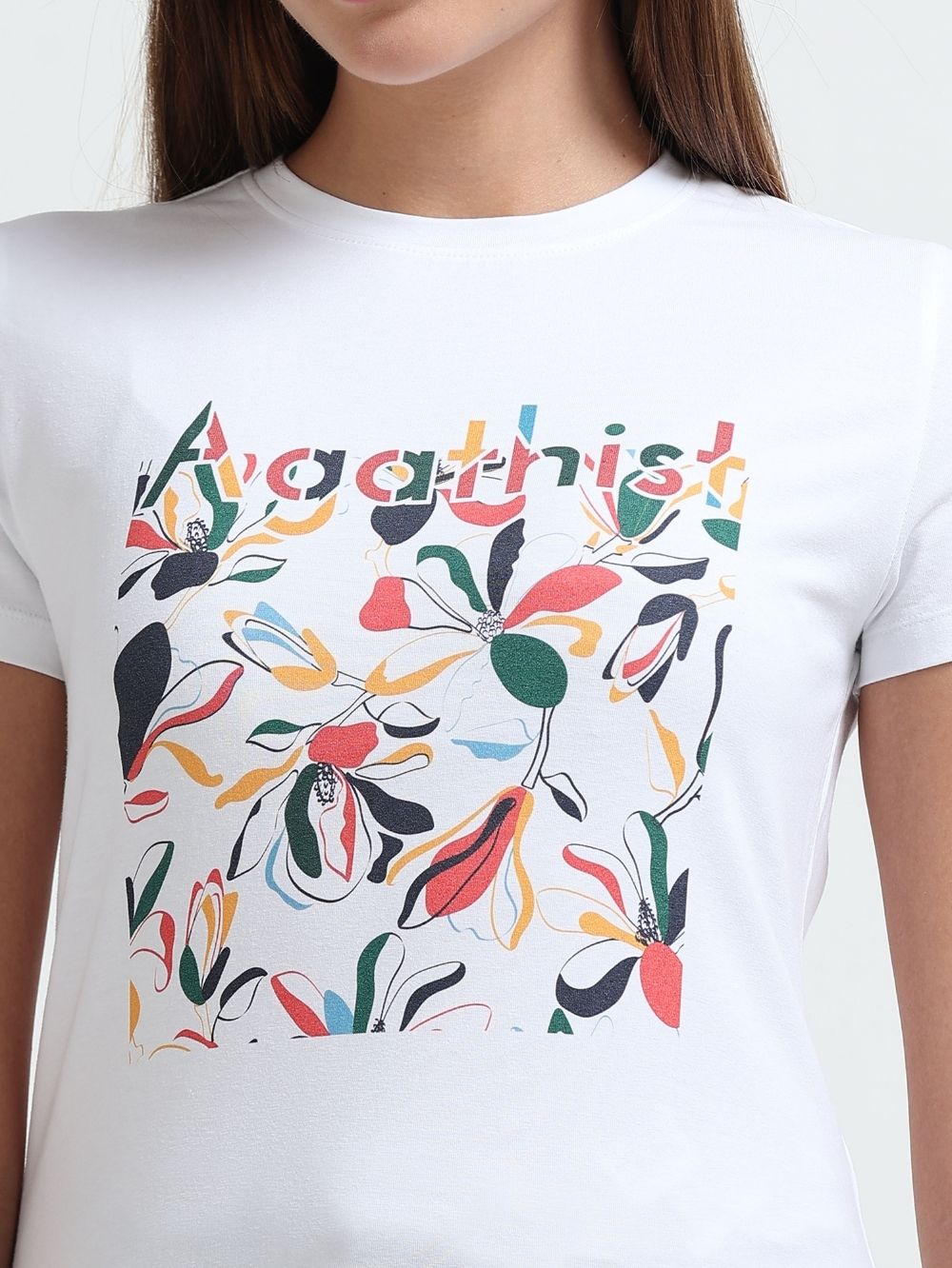 Womens Organic Cotton Abstract Blossom Graphic Printed T-Shirt - White