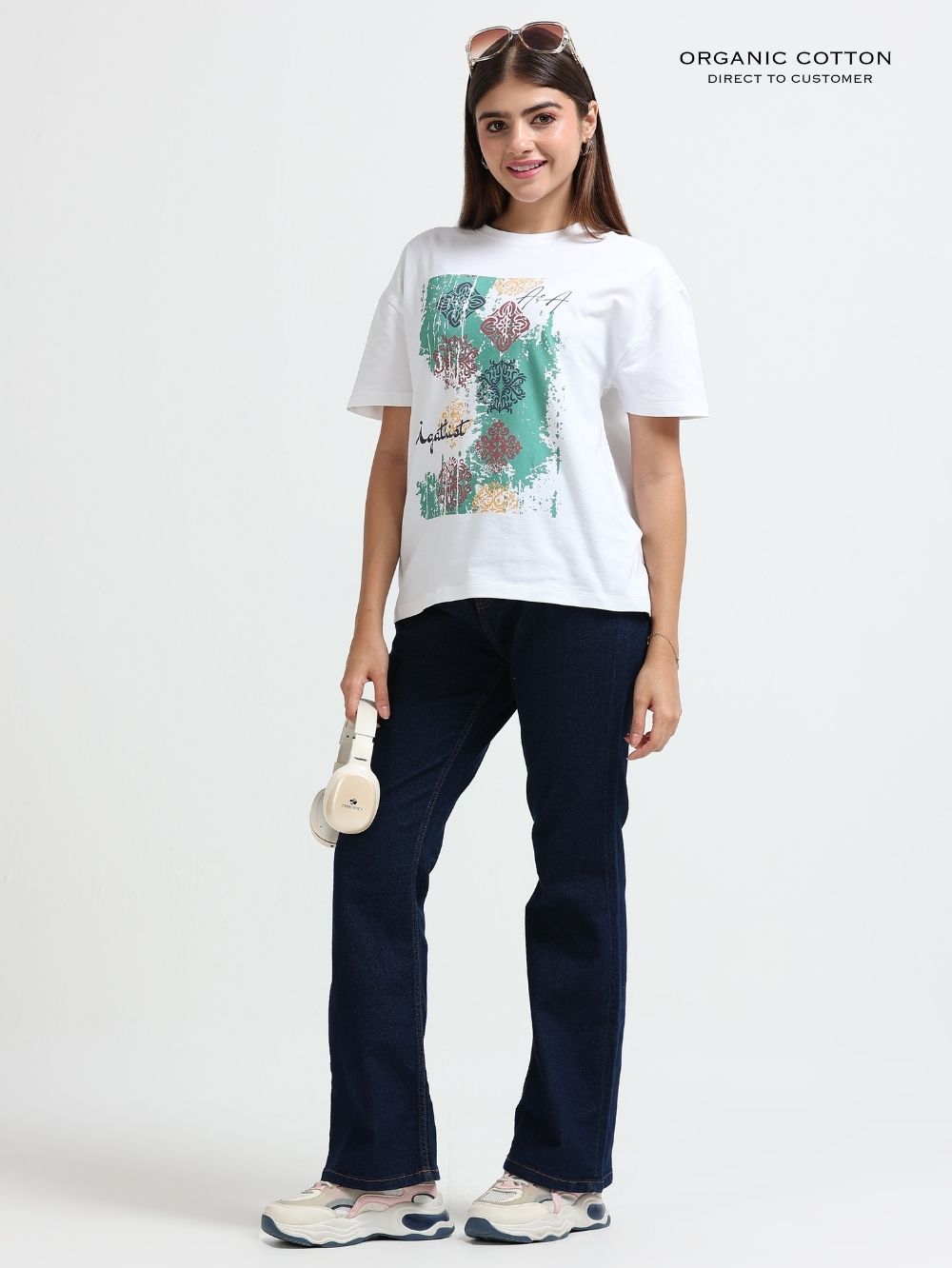 Womens Organic Cotton Abstract Ethnic Art Print Oversize T-Shirt – White