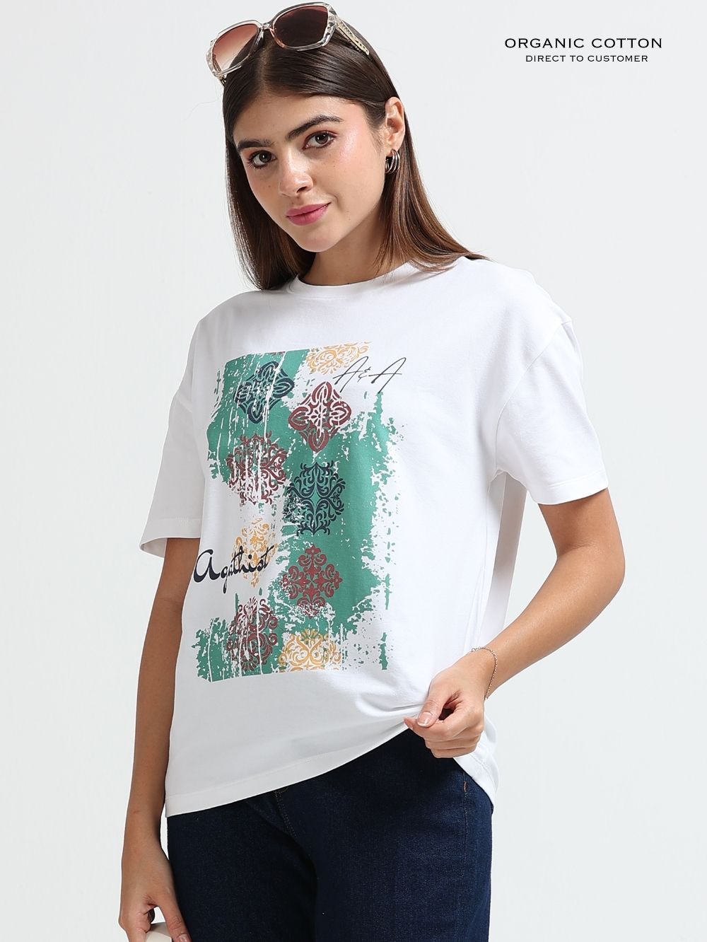 Womens Organic Cotton Abstract Ethnic Art Print Oversize T-Shirt – White