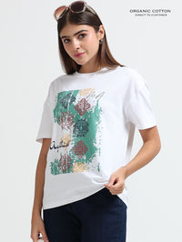 Womens Organic Cotton Abstract Ethnic Art Print Oversize T-Shirt – White