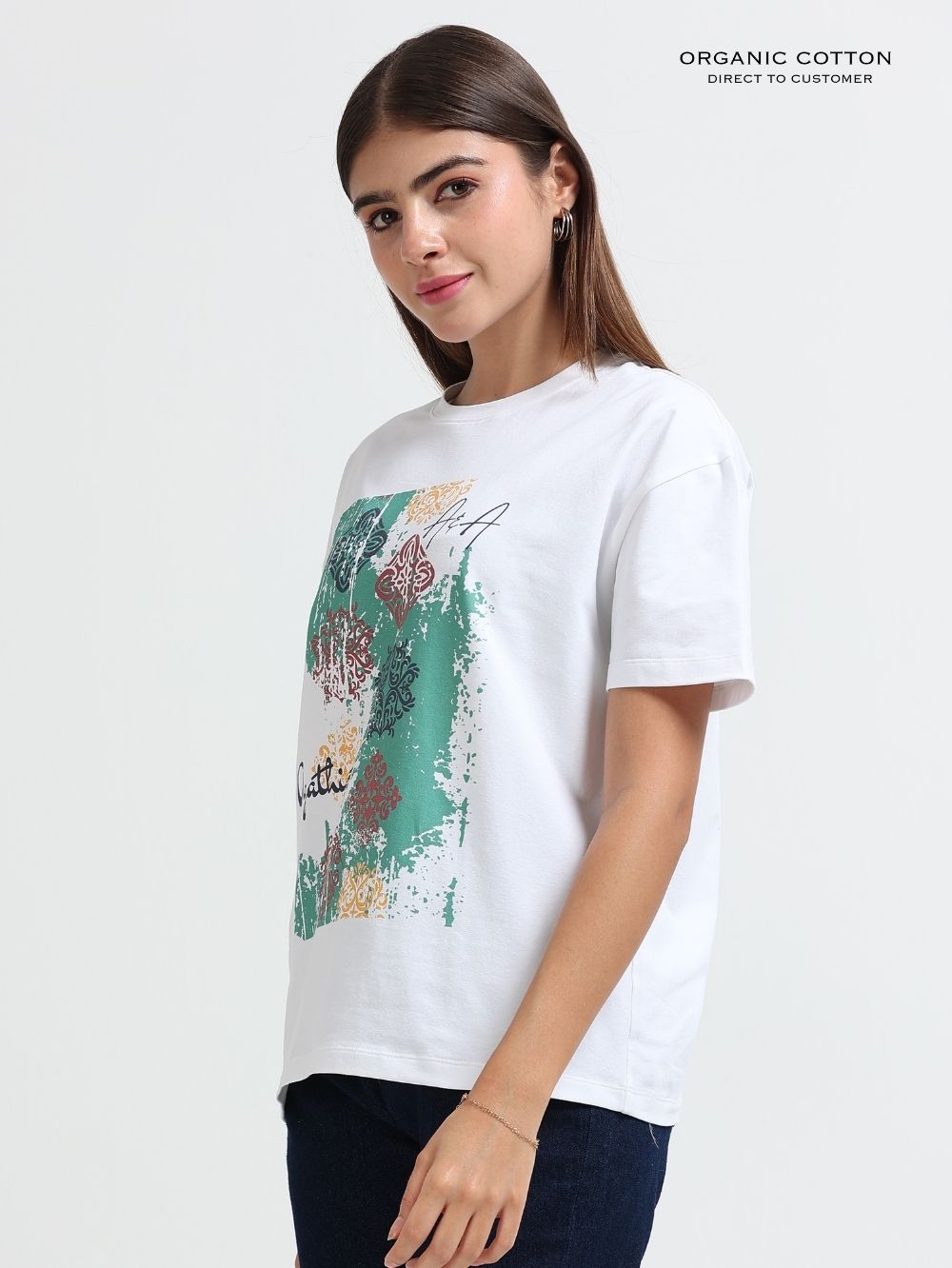 Womens Organic Cotton Abstract Ethnic Art Print Oversize T-Shirt – White