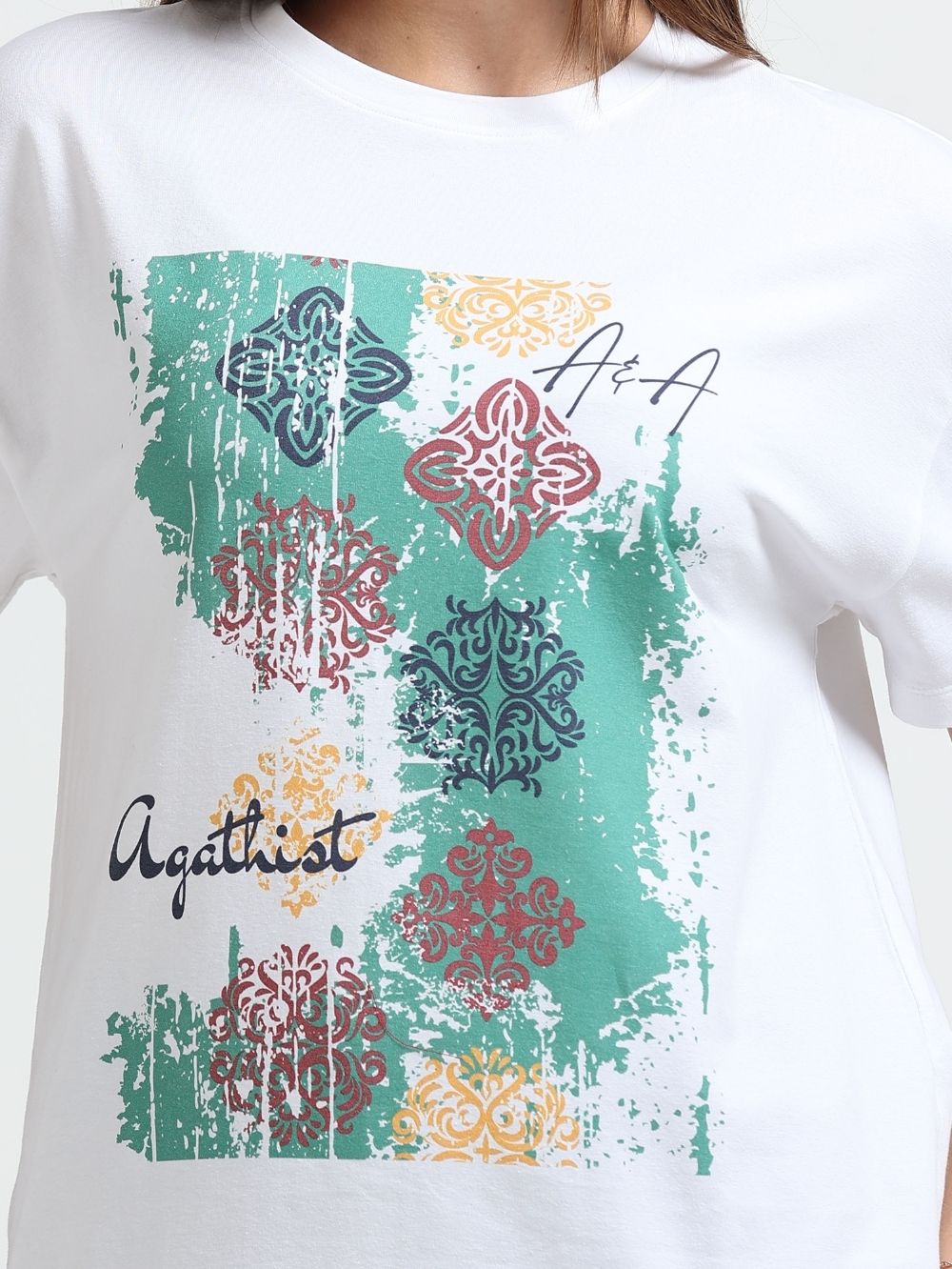 Womens Organic Cotton Abstract Ethnic Art Print Oversize T-Shirt – White