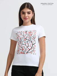 Womens Organic Cotton Floral Branch Printed T-Shirt – White