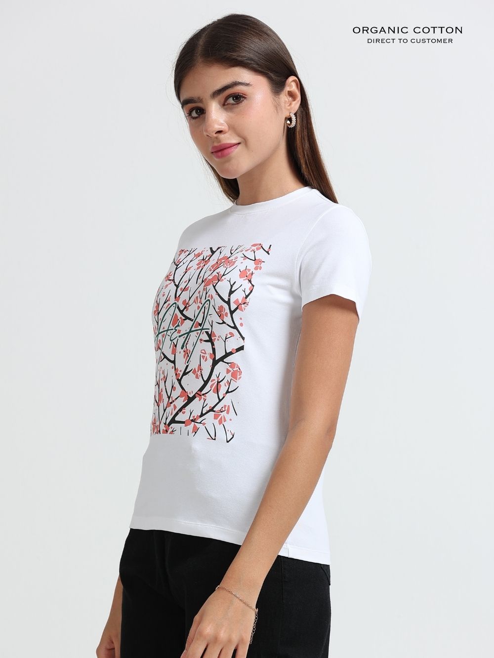 Womens Organic Cotton Floral Branch Printed T-Shirt – White