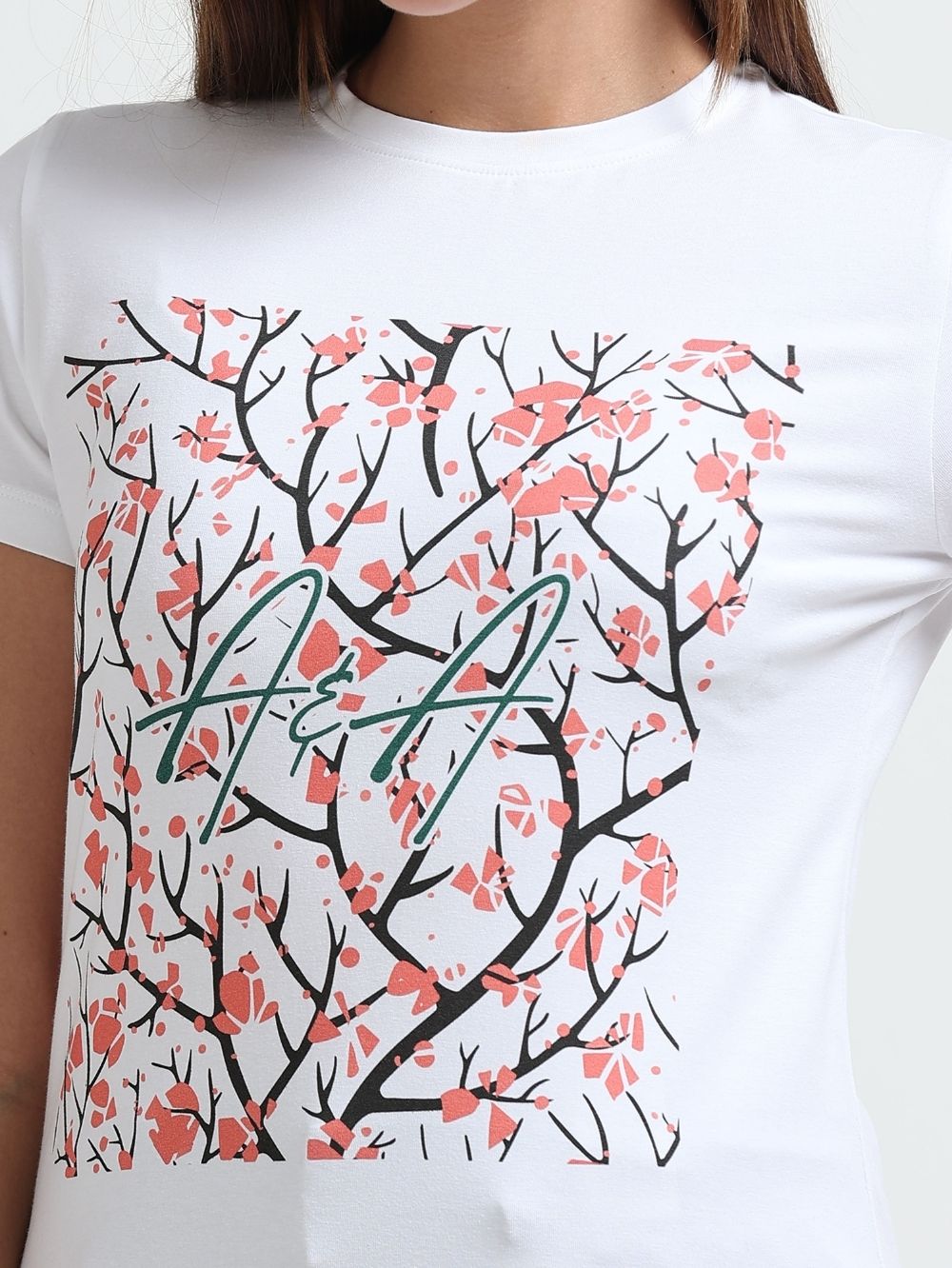 Womens Organic Cotton Floral Branch Printed T-Shirt – White