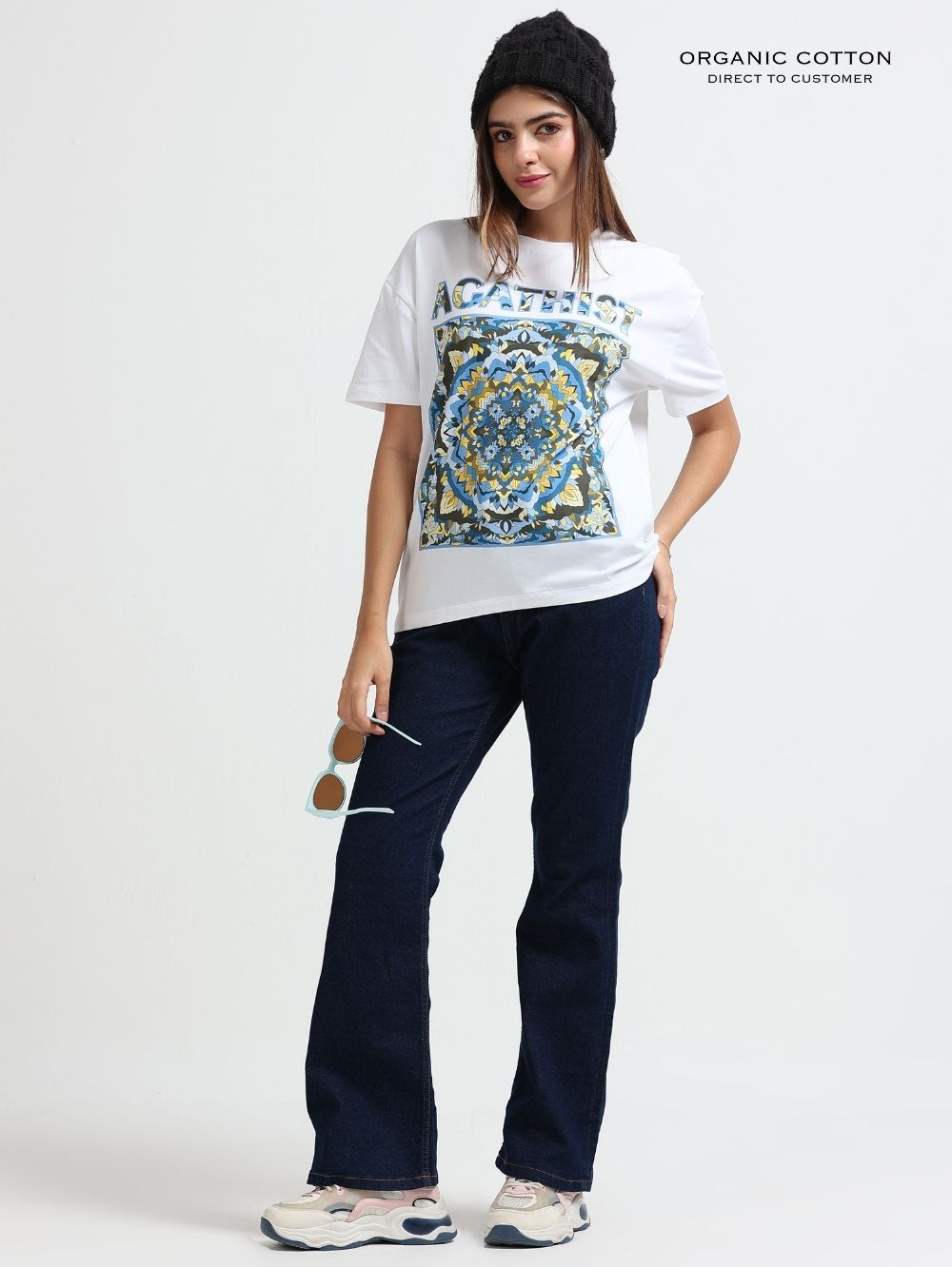 Womens Organic Cotton Oversized T-shirt Abstract Mandala “Agathist” Print – White