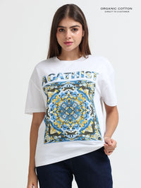 Womens Organic Cotton Oversized T-shirt Abstract Mandala “Agathist” Print – White