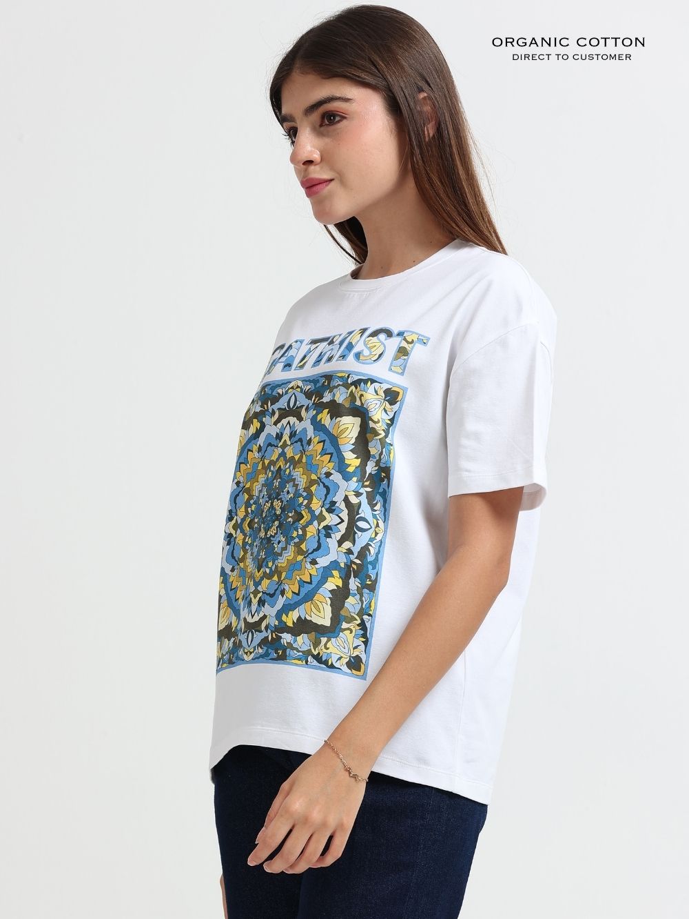Womens Organic Cotton Oversized T-shirt Abstract Mandala “Agathist” Print – White