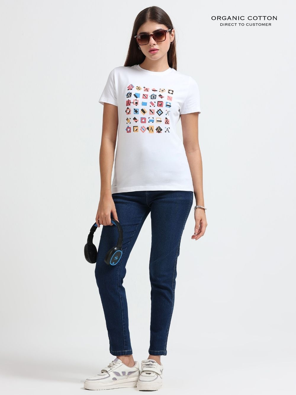 Womens Modern Geometric Pattern Organic Cotton Printed T-Shirt – White