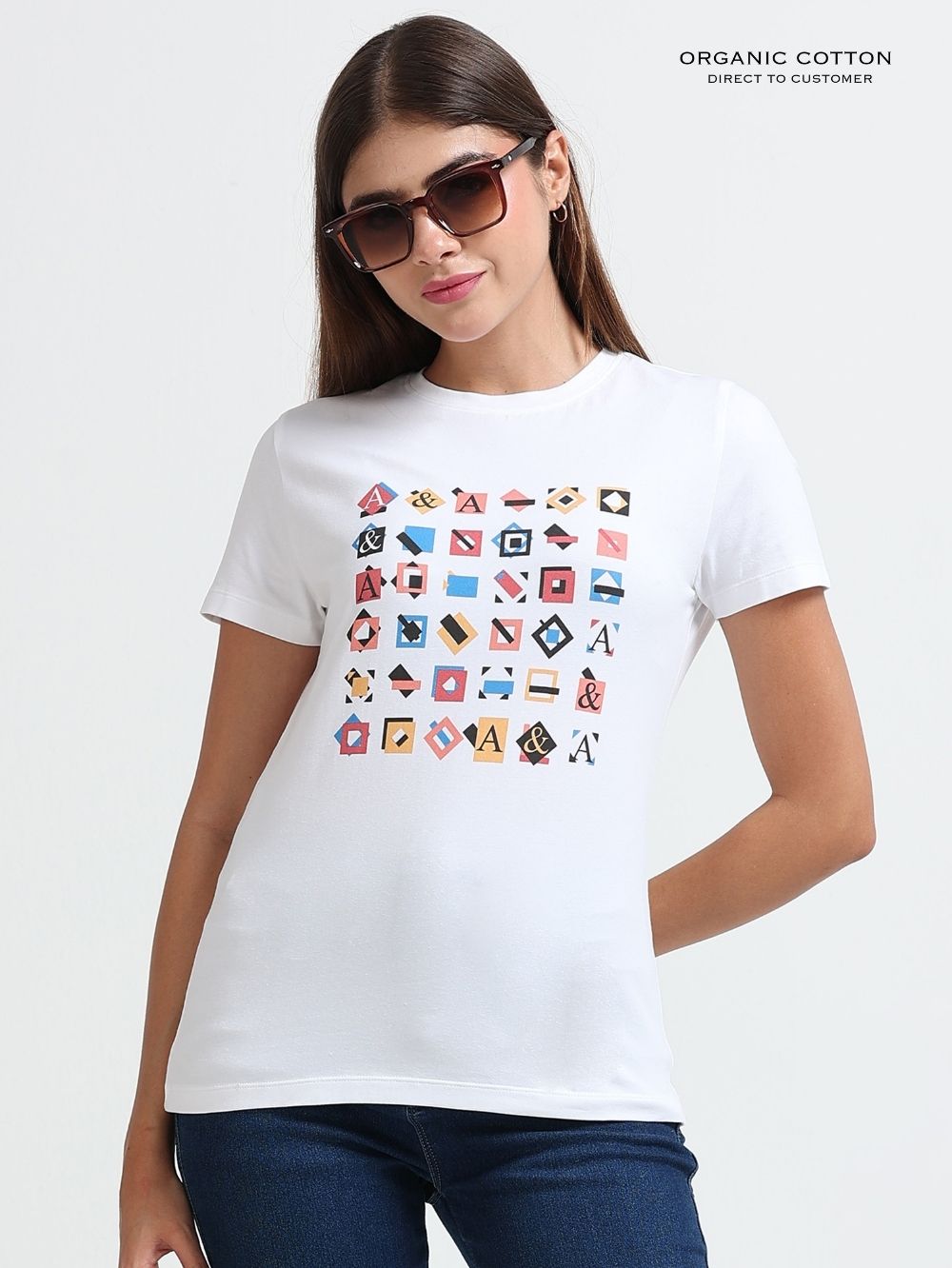 Womens Modern Geometric Pattern Organic Cotton Printed T-Shirt – White