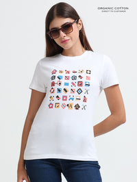 Womens Modern Geometric Pattern Organic Cotton Printed T-Shirt – White
