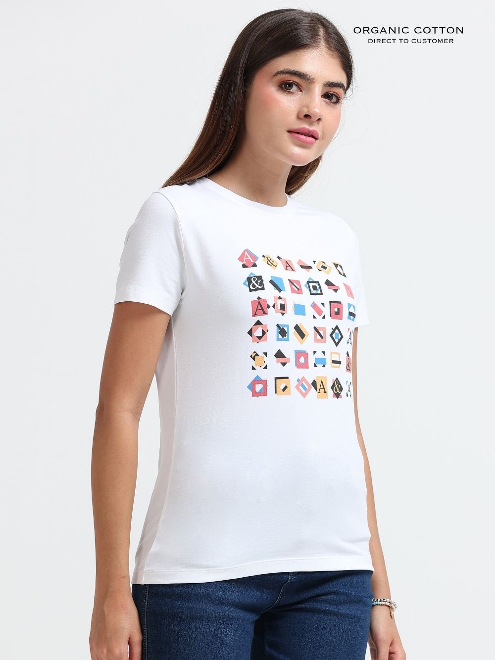 Womens Modern Geometric Pattern Organic Cotton Printed T-Shirt – White