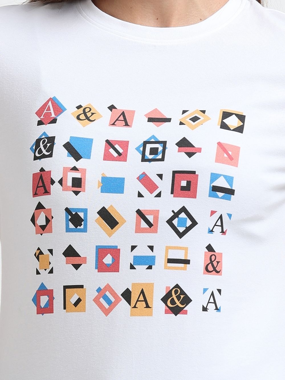 Womens Modern Geometric Pattern Organic Cotton Printed T-Shirt – White