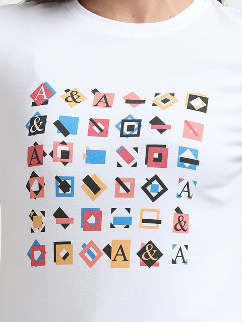 Womens Modern Geometric Pattern Organic Cotton Printed T-Shirt – White