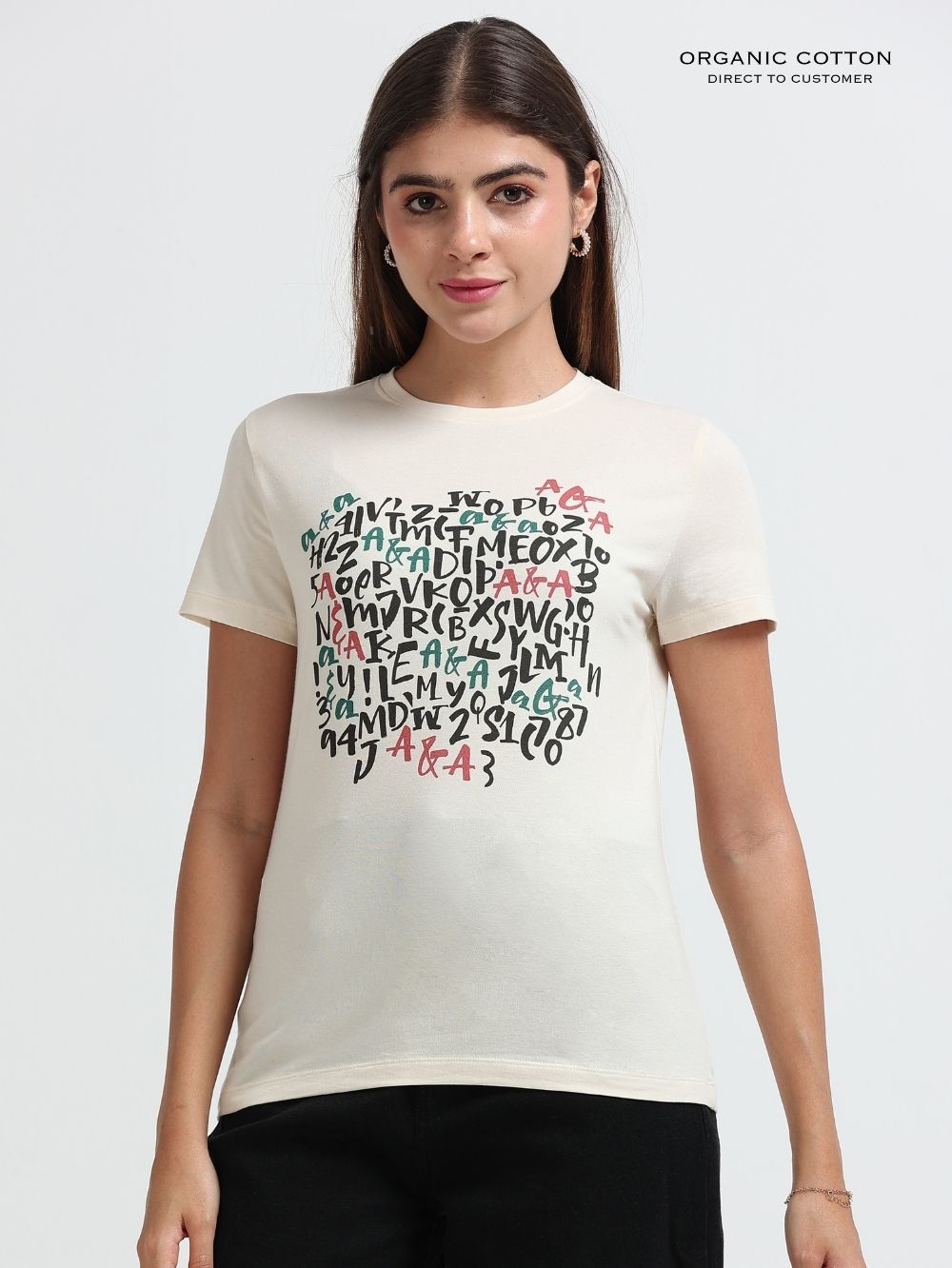 Womens Creative Letter Art Casual Cotton Printed Tee - Beige