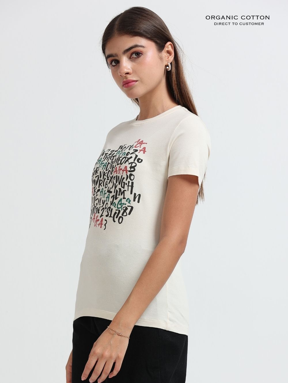 Womens Creative Letter Art Casual Cotton Printed Tee - Beige