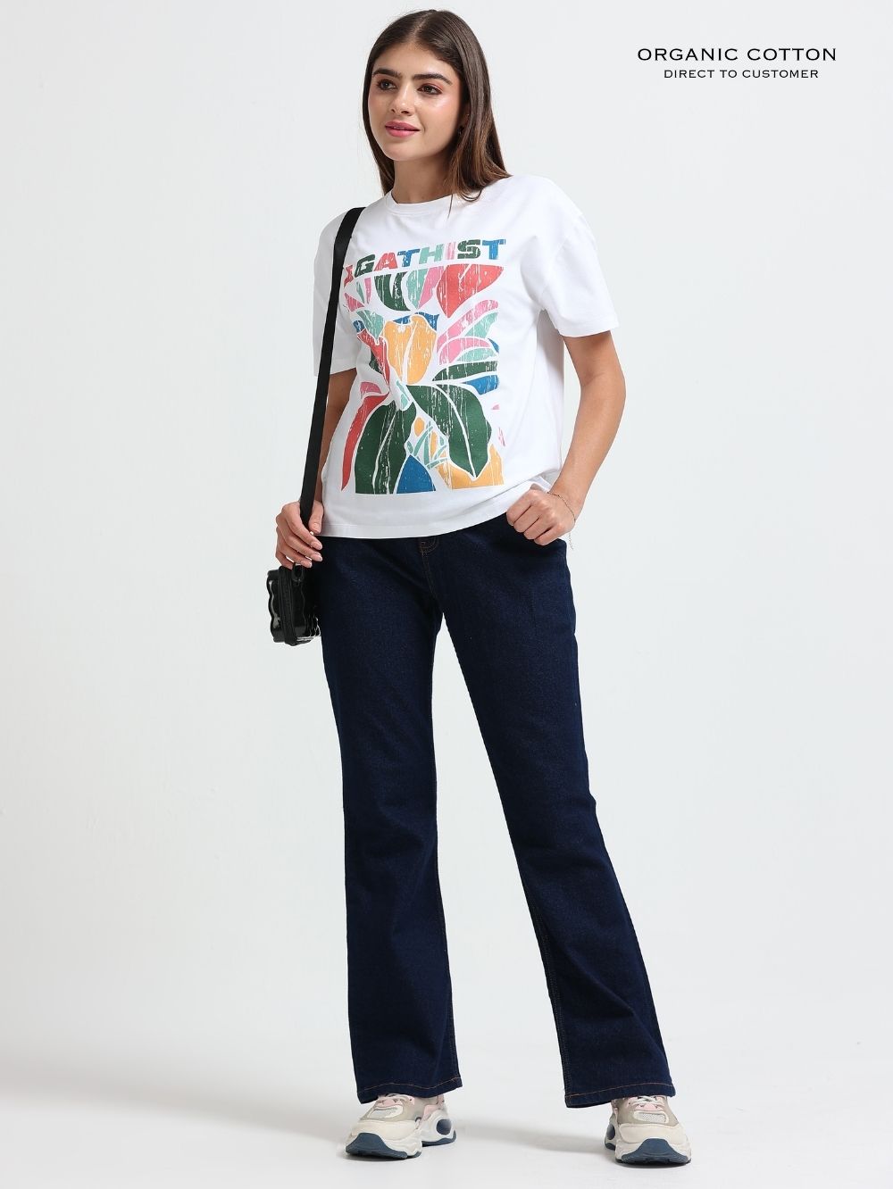 Womens Organic Cotton with Color Splash Flower Oversized Tee – White