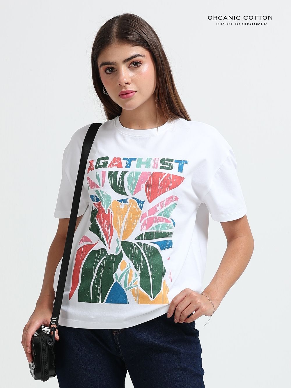 Womens Organic Cotton with Color Splash Flower Oversized Tee – White