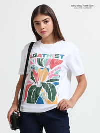 Womens Organic Cotton with Color Splash Flower Oversized Tee – White
