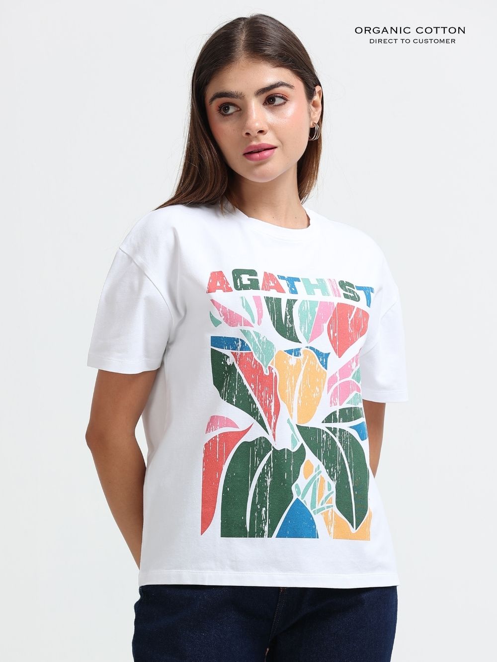 Womens Organic Cotton with Color Splash Flower Oversized Tee – White