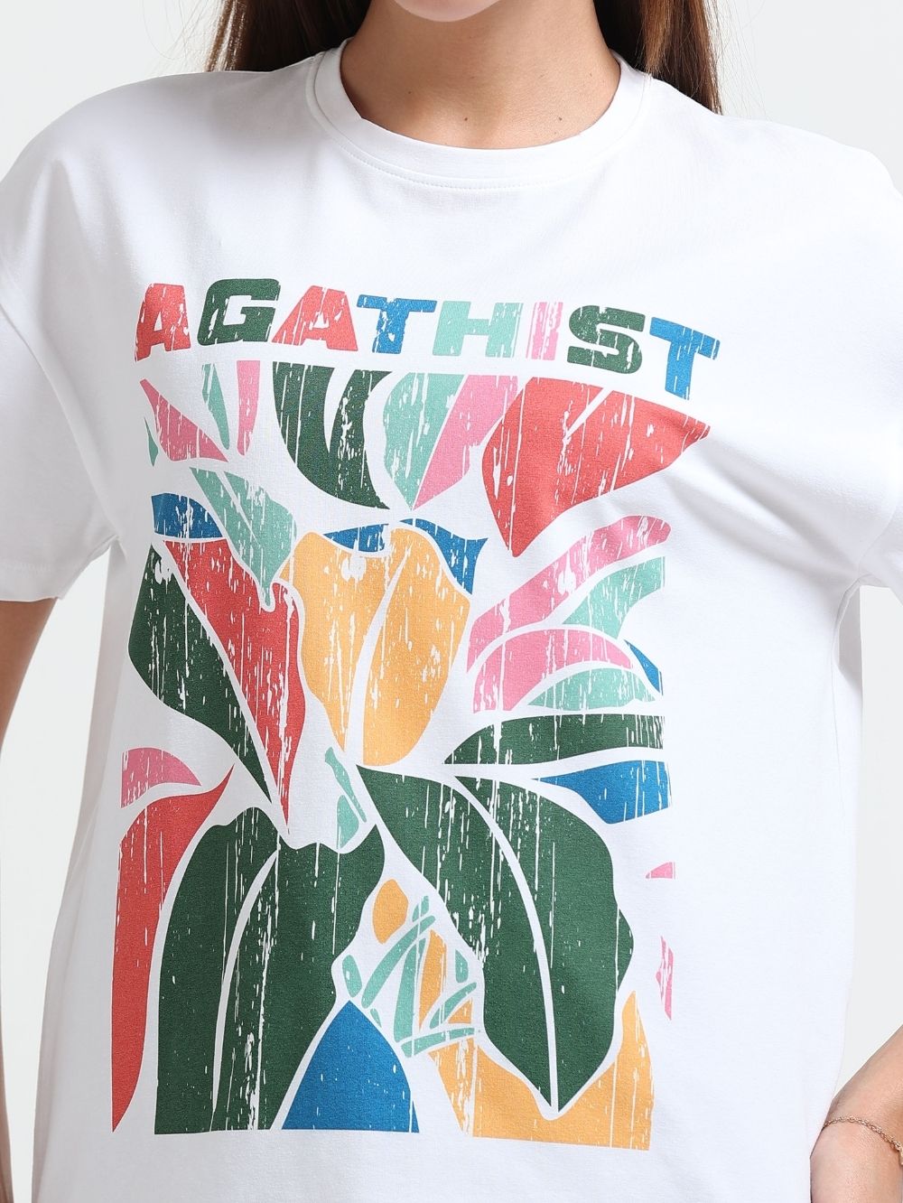 Womens Organic Cotton with Color Splash Flower Oversized Tee – White