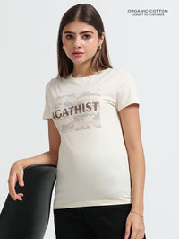 Womens Abstract Handwritten Typography Organic Cotton Printed T-Shirt - Beige