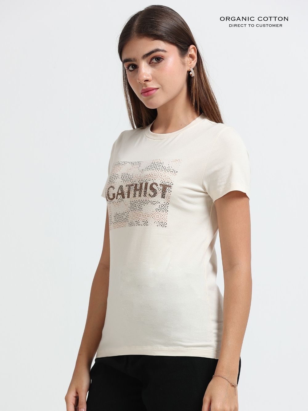 Womens Abstract Handwritten Typography Organic Cotton Printed T-Shirt - Beige