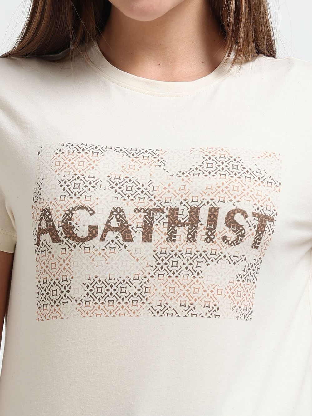 Womens Abstract Handwritten Typography Organic Cotton Printed T-Shirt - Beige