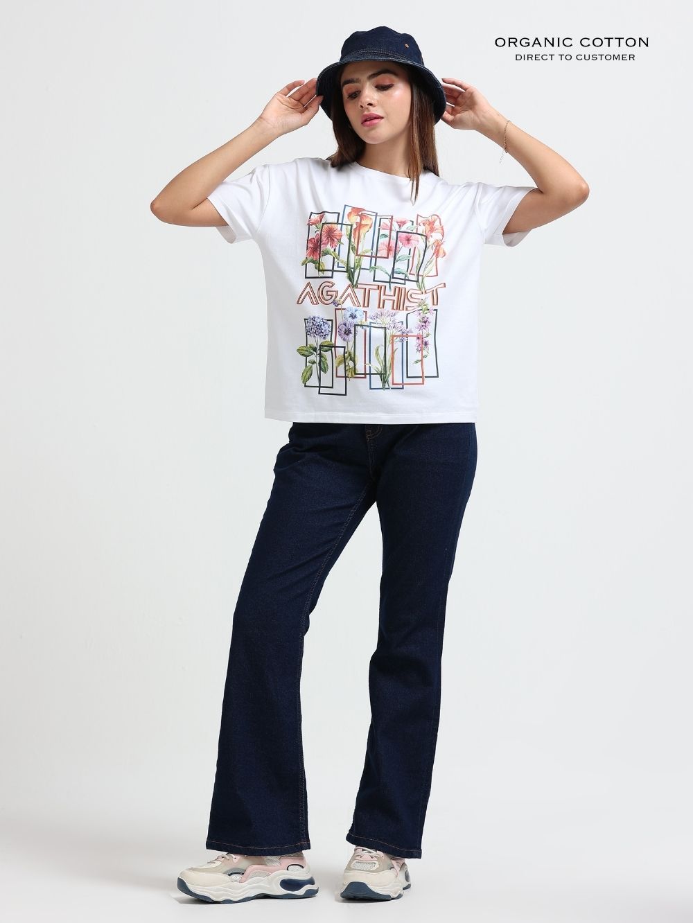 Womens Artistic Flower Grid Organic Cotton Oversized T-Shirt – White