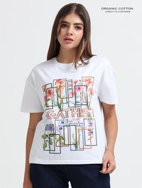 Womens Artistic Flower Grid Organic Cotton Oversized T-Shirt – White