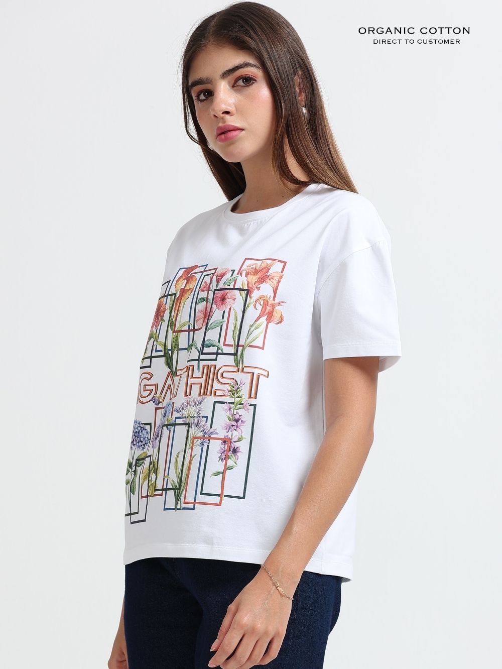 Womens Artistic Flower Grid Organic Cotton Oversized T-Shirt – White