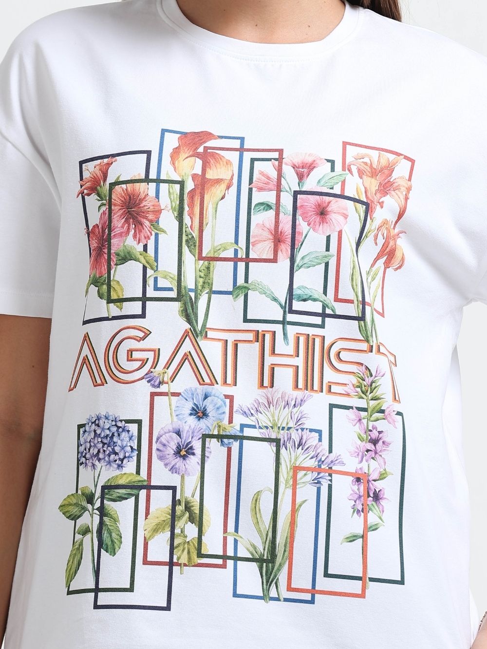 Womens Artistic Flower Grid Organic Cotton Oversized T-Shirt – White