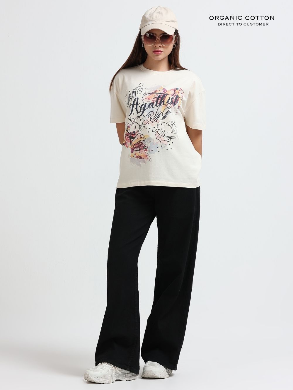 Womens Organic Cotton Floral Script Art Print Oversize T-Shirt – Beige