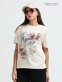 Womens Organic Cotton Floral Script Art Print Oversize T-Shirt – Beige