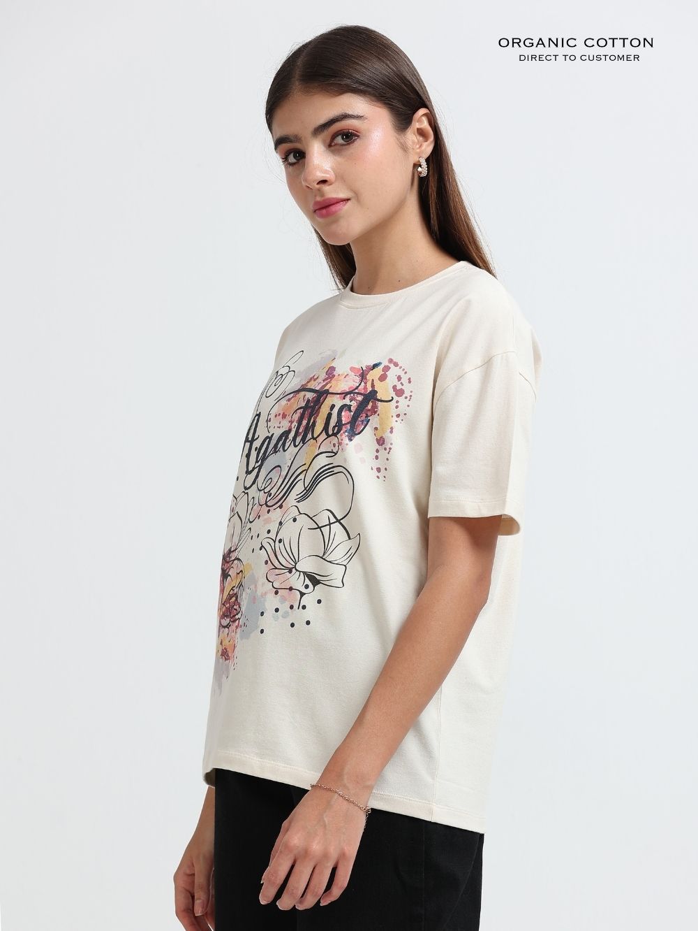 Womens Organic Cotton Floral Script Art Print Oversize T-Shirt – Beige