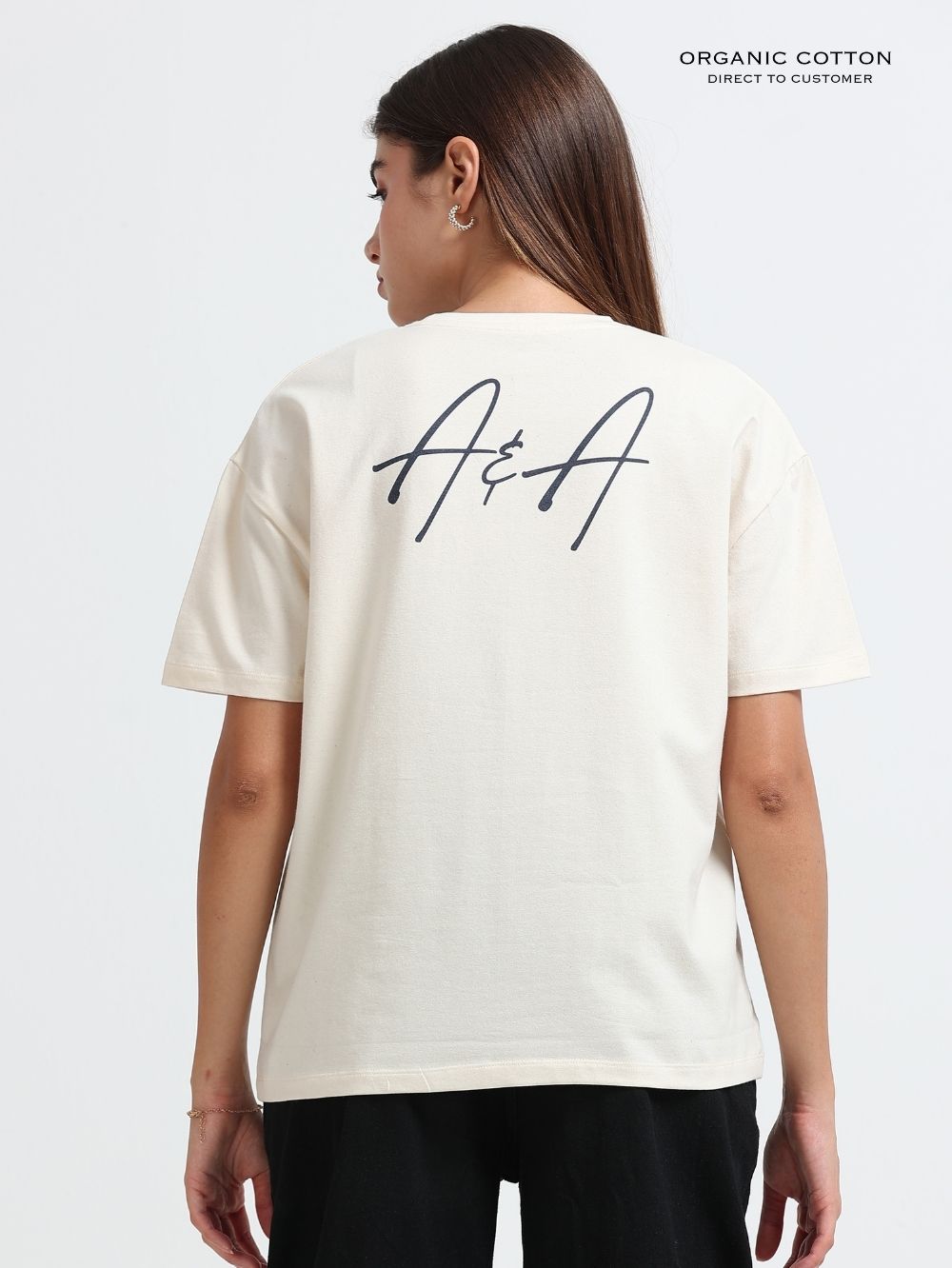 Womens Organic Cotton Floral Script Art Print Oversize T-Shirt – Beige