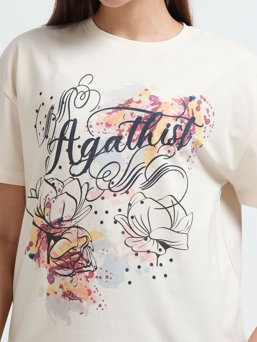 Womens Organic Cotton Floral Script Art Print Oversize T-Shirt – Beige