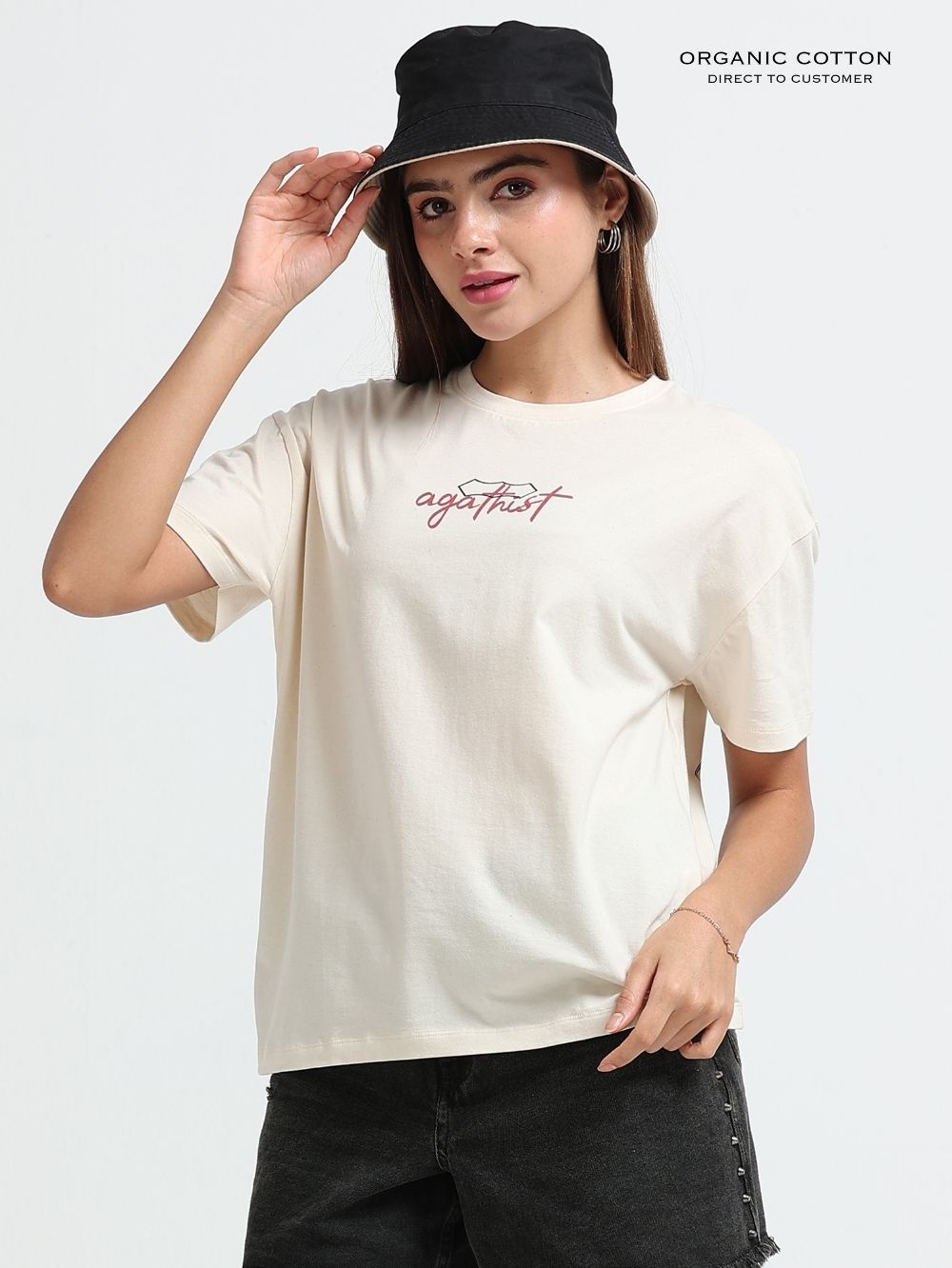 Womens Organic Cotton Oversized Agathist Heritage Print T-Shirt – Beige