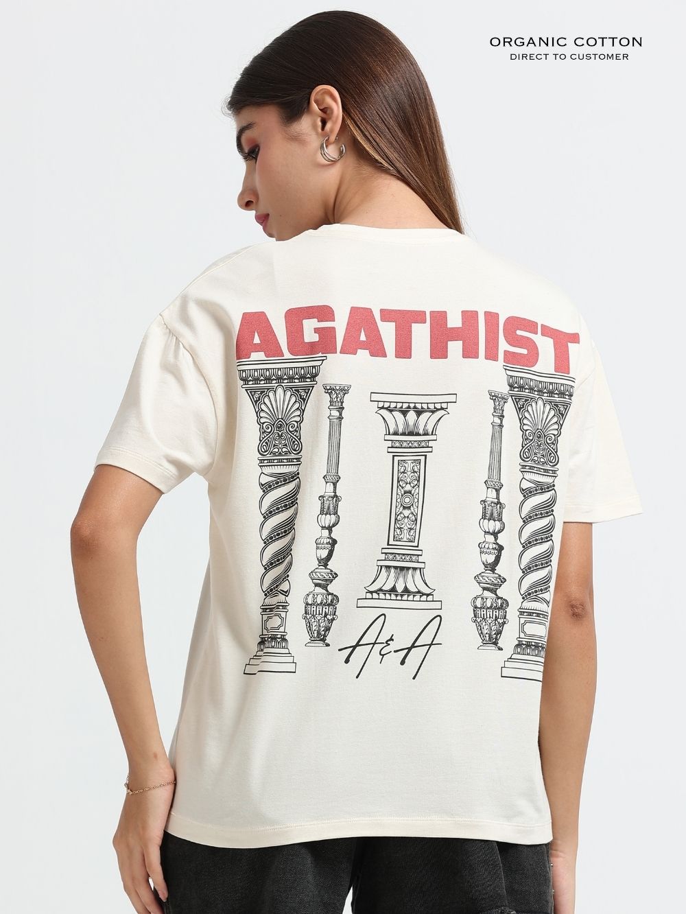 Womens Organic Cotton Oversized Agathist Heritage Print T-Shirt – Beige