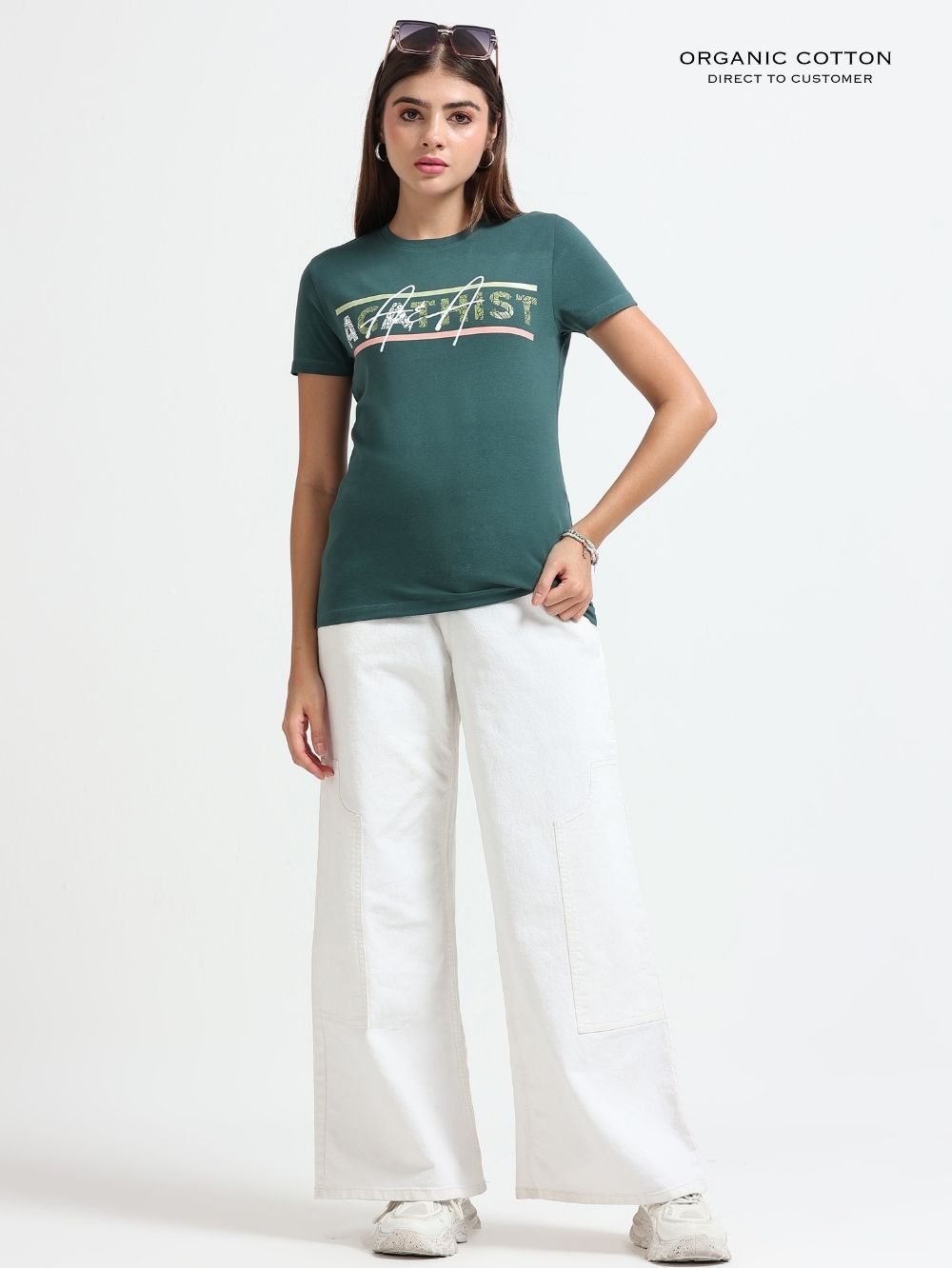 Womens Fashion Tee with Stylized Typography Print – Dark Green