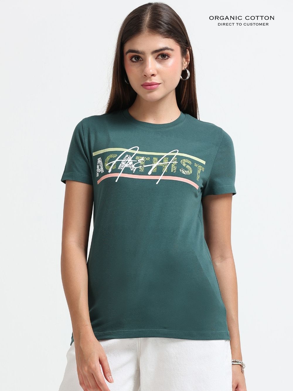 Womens Fashion Tee with Stylized Typography Print – Dark Green