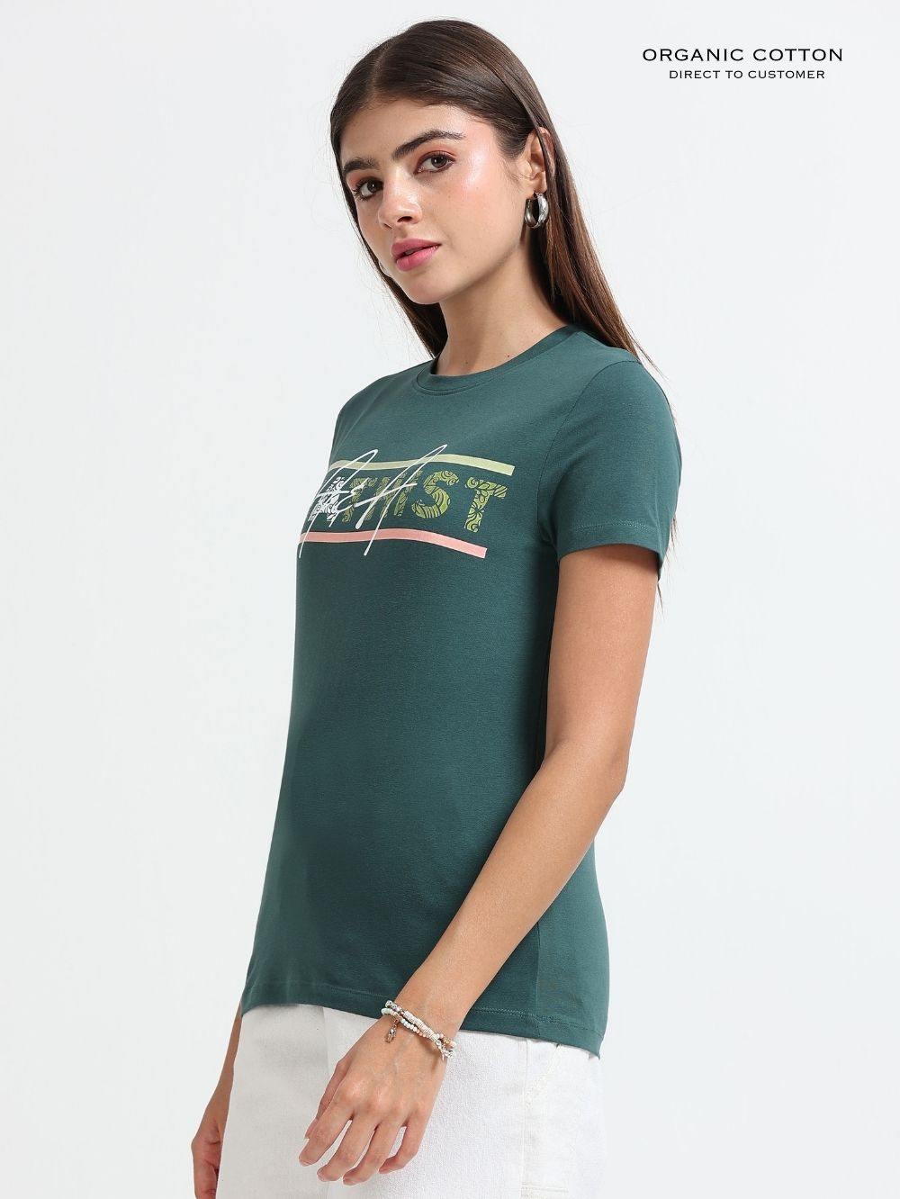 Womens Fashion Tee with Stylized Typography Print – Dark Green
