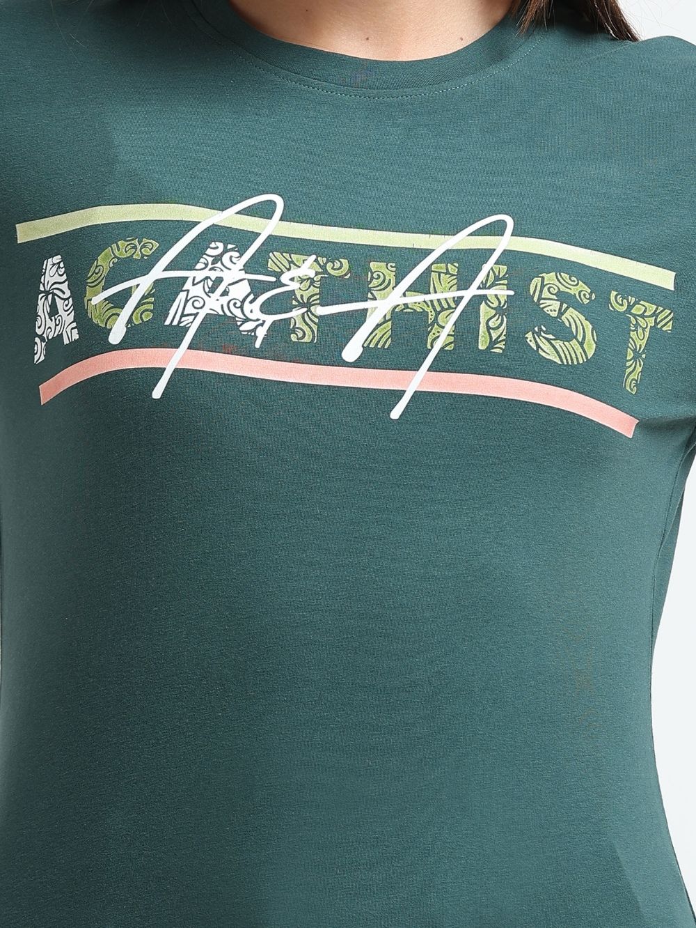 Womens Fashion Tee with Stylized Typography Print – Dark Green