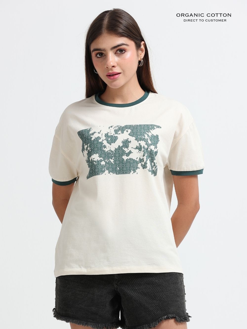 Womens Organic Cotton Relaxed Oversize T-Shirt Geometric World Map Print Off - Beige