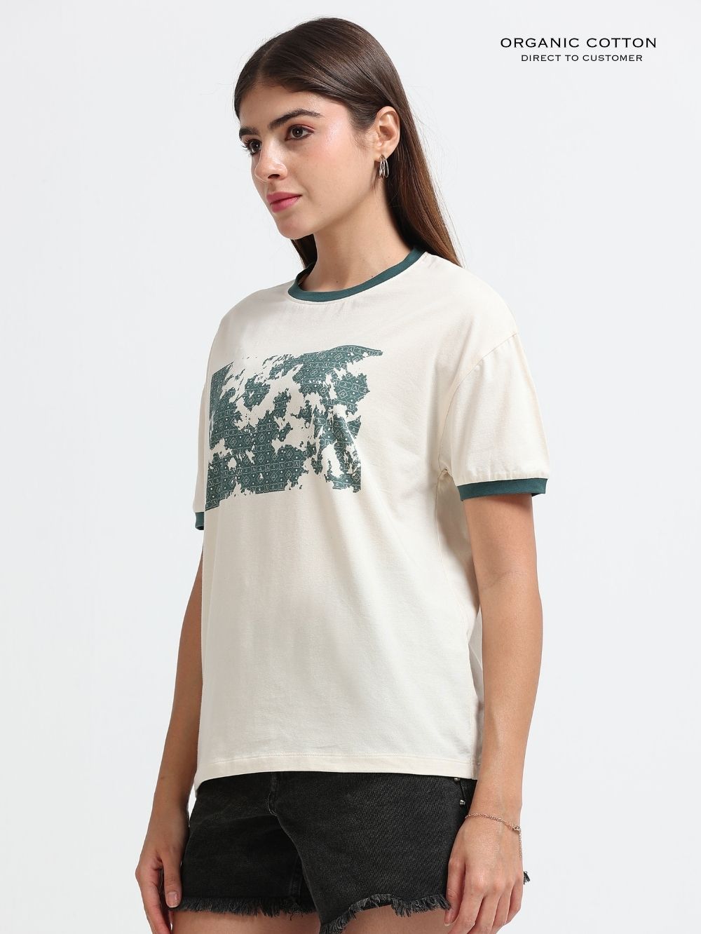 Womens Organic Cotton Relaxed Oversize T-Shirt Geometric World Map Print Off - Beige
