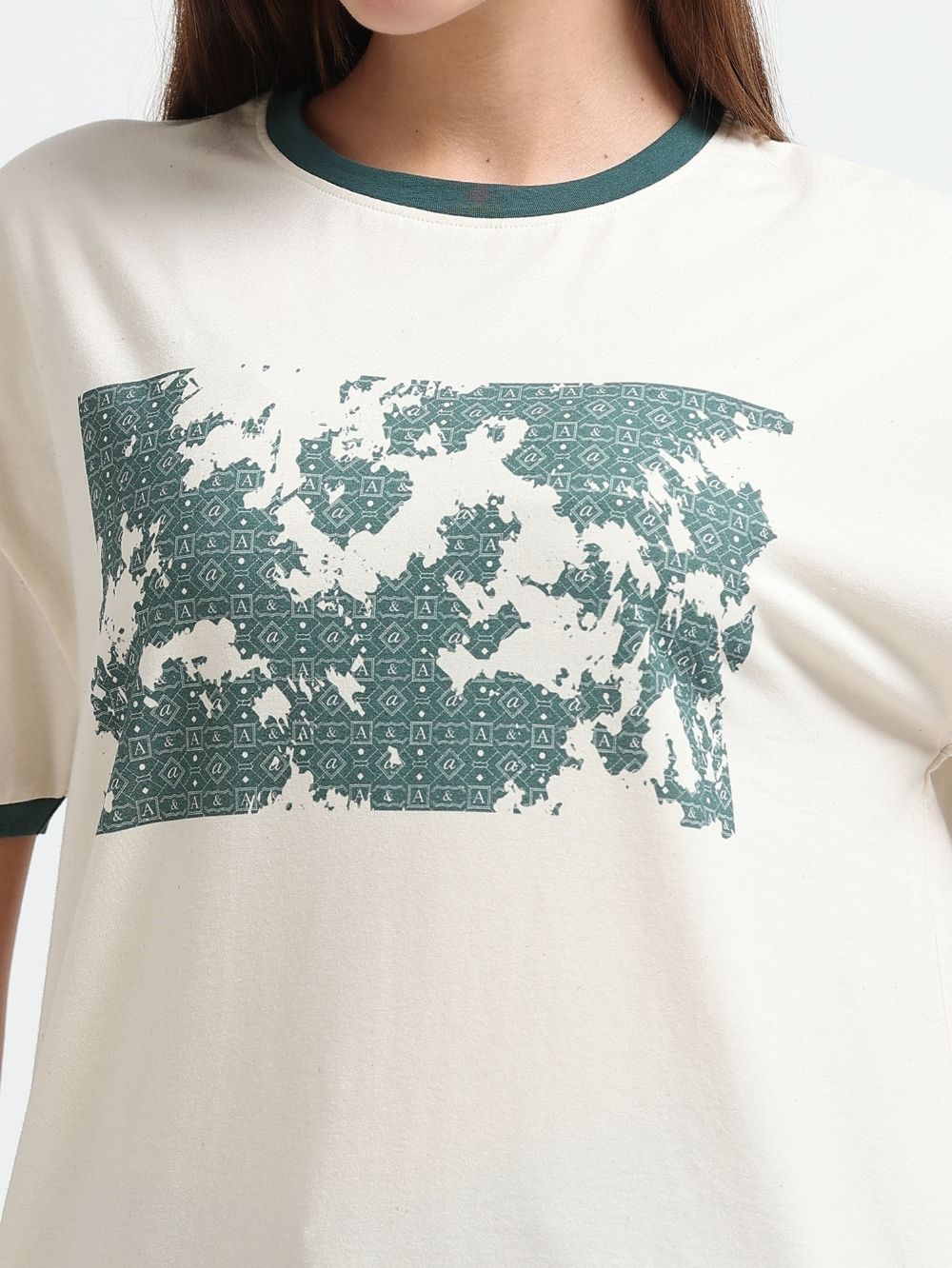 Womens Organic Cotton Relaxed Oversize T-Shirt Geometric World Map Print Off - Beige