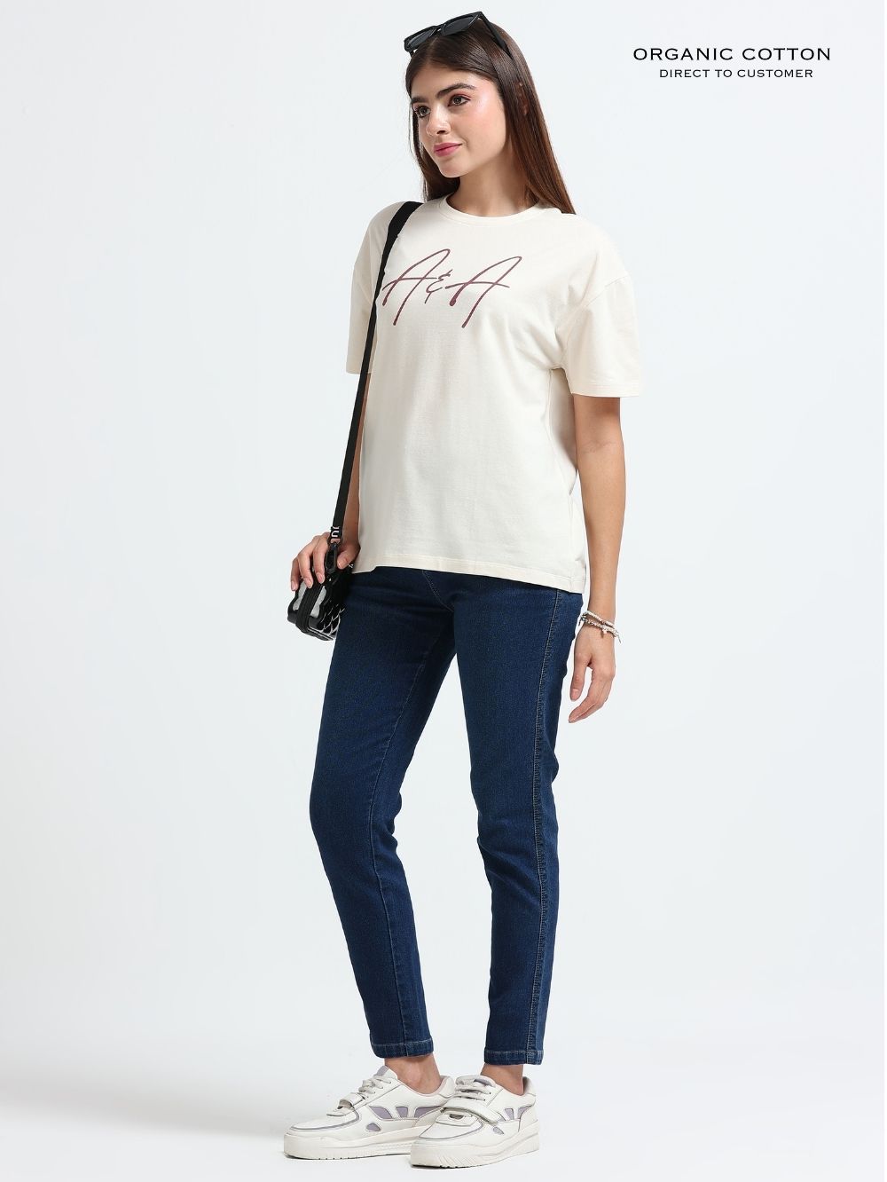 Womens Organic Cotton Oversized T-Shirt with Signature Tropical Leaf Art Back Print – Beige
