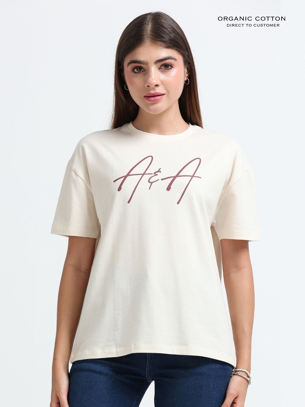 Womens Organic Cotton Oversized T-Shirt with Signature Tropical Leaf Art Back Print – Beige