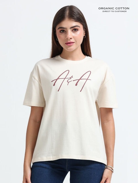 Womens Organic Cotton Oversized T-Shirt with Signature Tropical Leaf Art Back Print – Beige